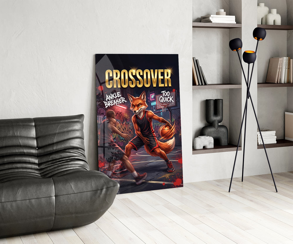 fox basketball player crossing over a defender glass wall art leaning beside a dark leather sofa