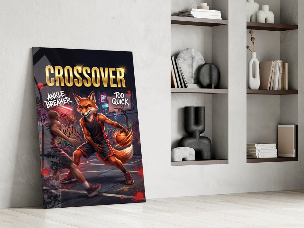 fox basketball player crossing over a defender panel resting in a shelving niche in a modern interior