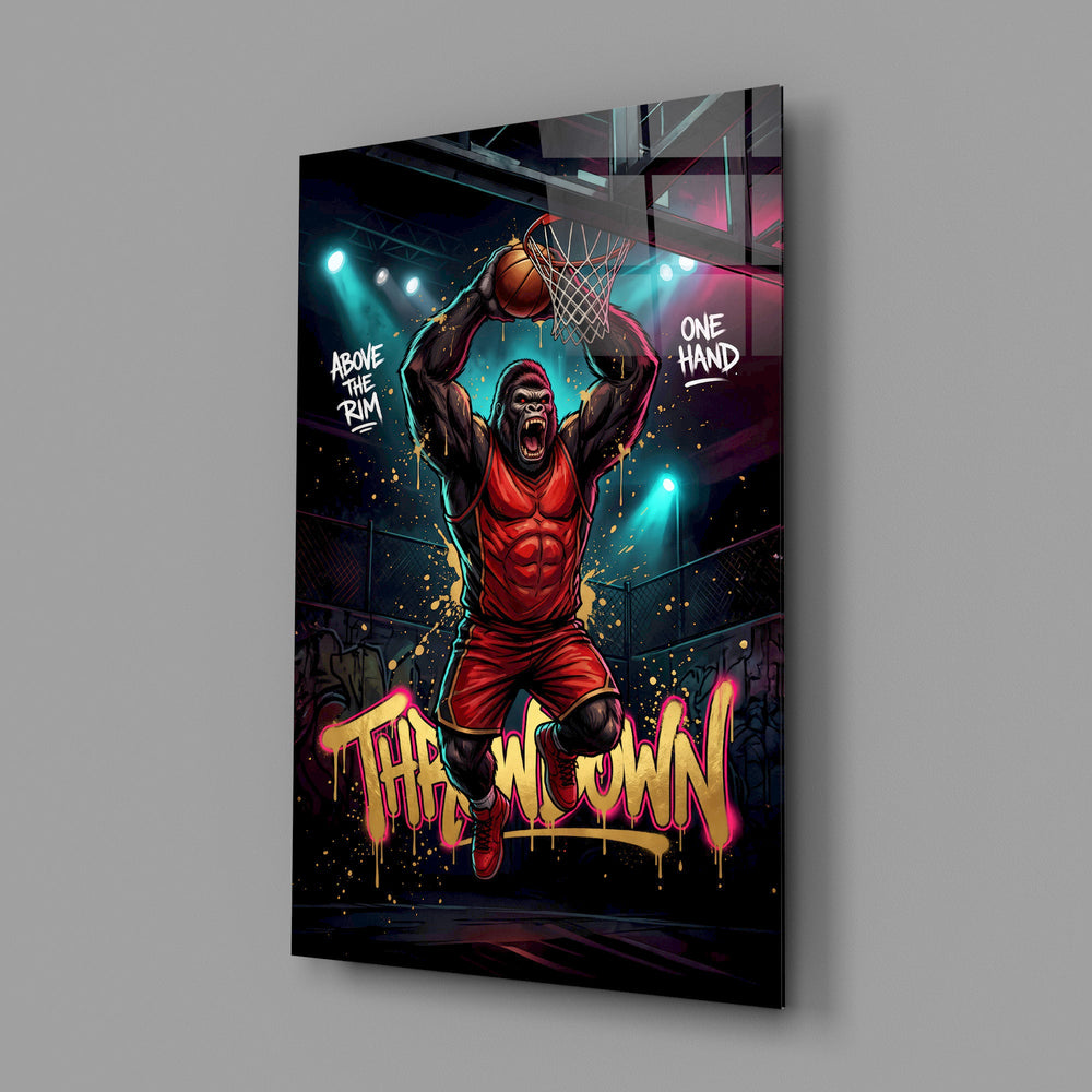 gorilla basketball player dunking one-handed glass wall art angled to show the polished tempered glass panel