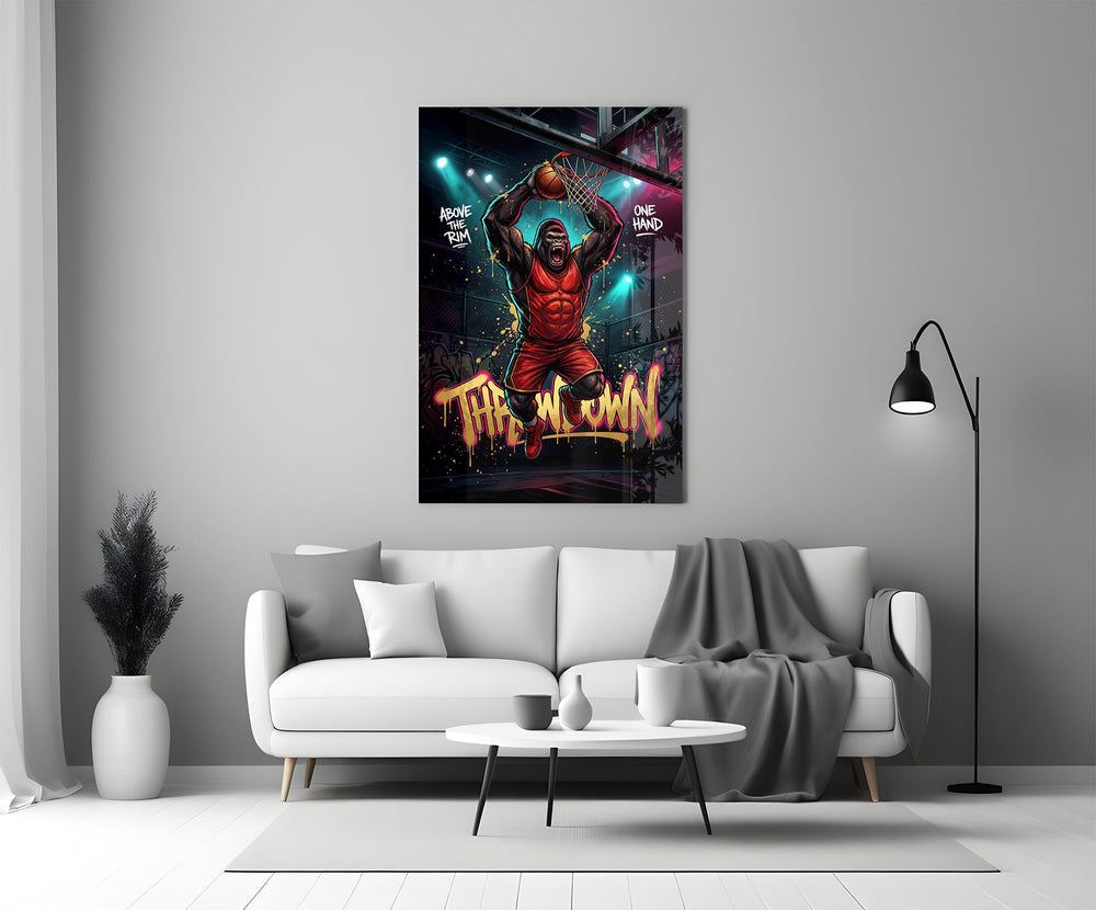 gorilla basketball player dunking one-handed panel bringing character to a minimalist living room wall