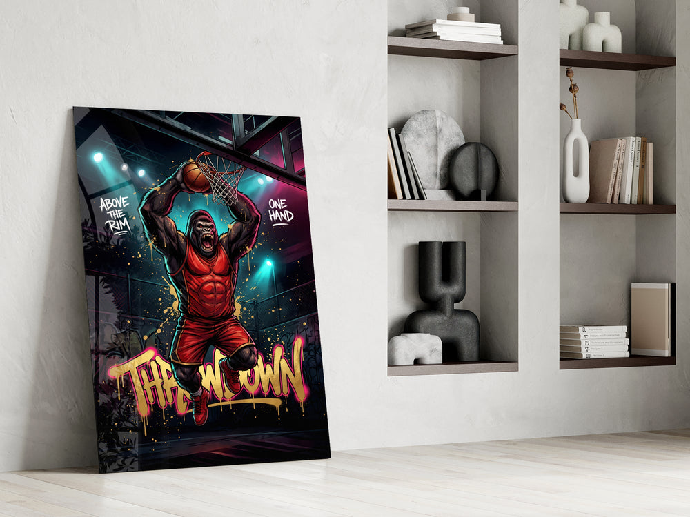gorilla basketball player dunking one-handed panel resting in a shelving niche in a modern interior