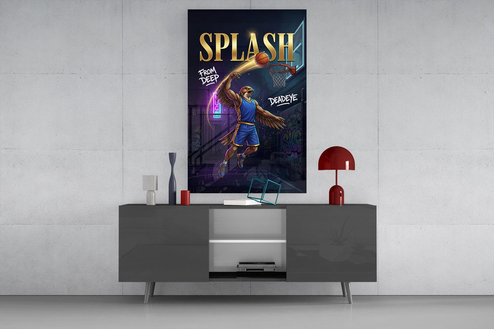 eagle basketball player shooting a jump shot glass wall art displayed above a console in a designer interior