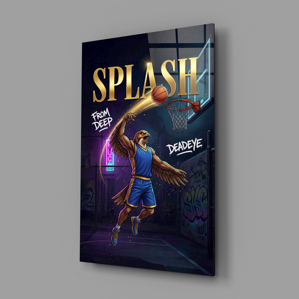 eagle basketball player shooting a jump shot glass wall art angled to show the polished tempered glass panel