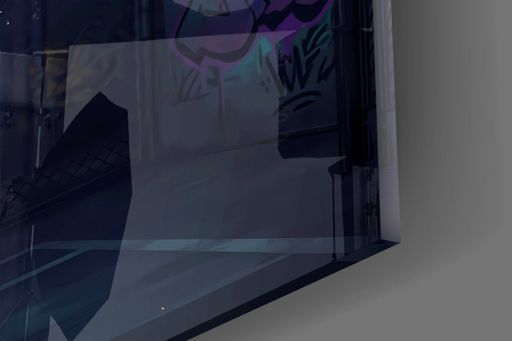 Close-up detail of the golden arc trailing the ball toward the rim on the glass surface