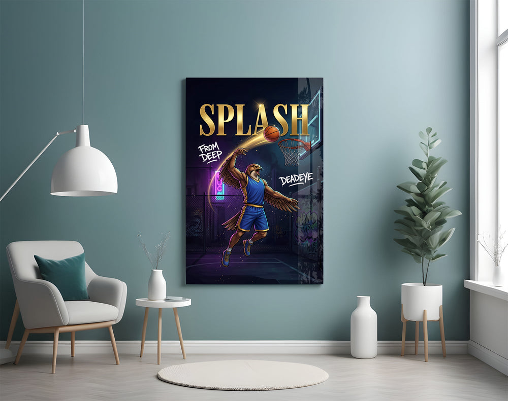 eagle basketball player shooting a jump shot glass wall art styled above an armchair in a reading corner