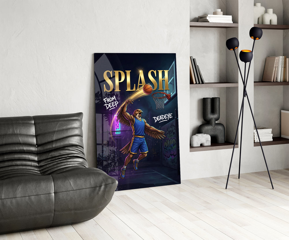 eagle basketball player shooting a jump shot glass wall art leaning beside a dark leather sofa