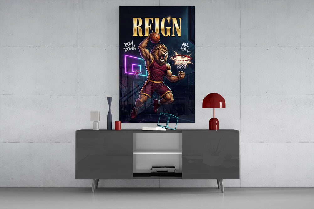 lion basketball player dunking glass wall art displayed above a console in a designer interior