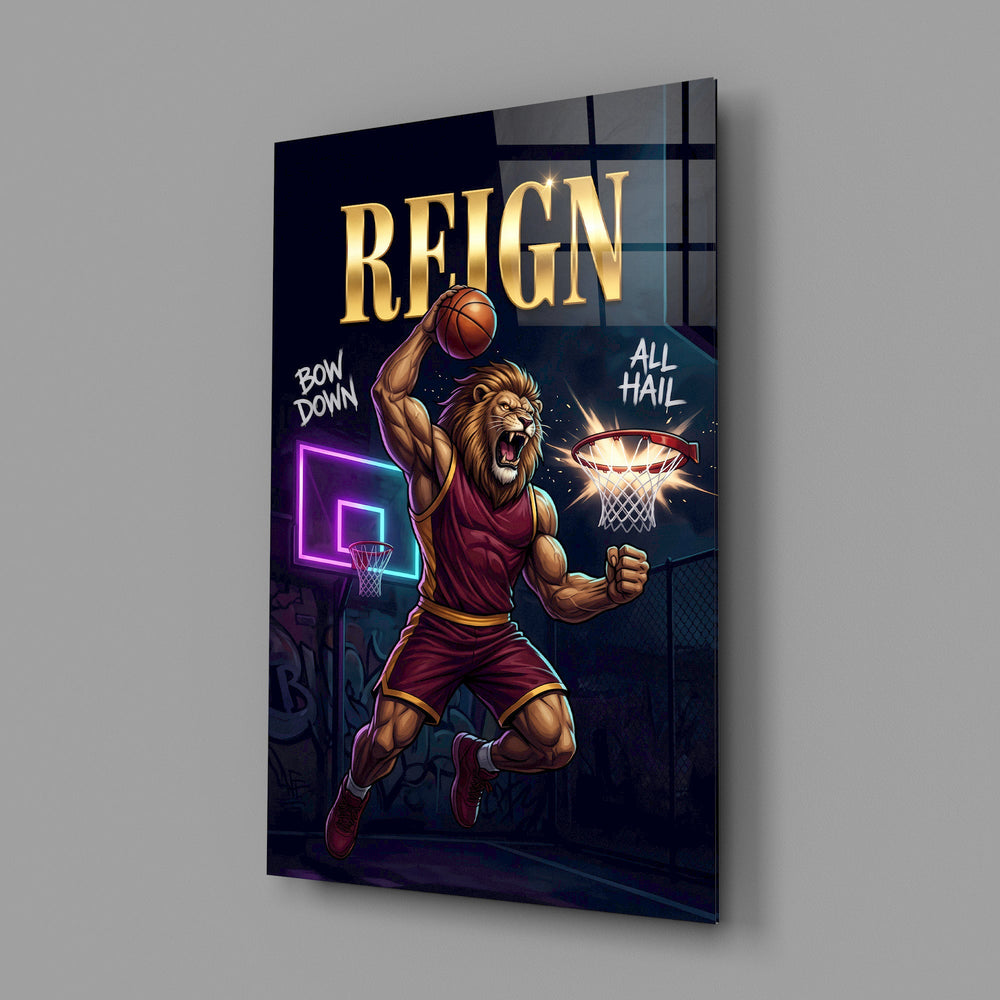 lion basketball player dunking glass wall art angled to show the polished tempered glass panel