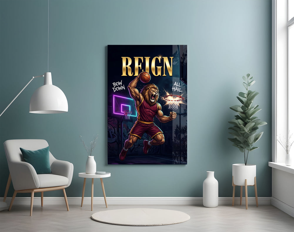 lion basketball player dunking glass wall art styled above an armchair in a reading corner