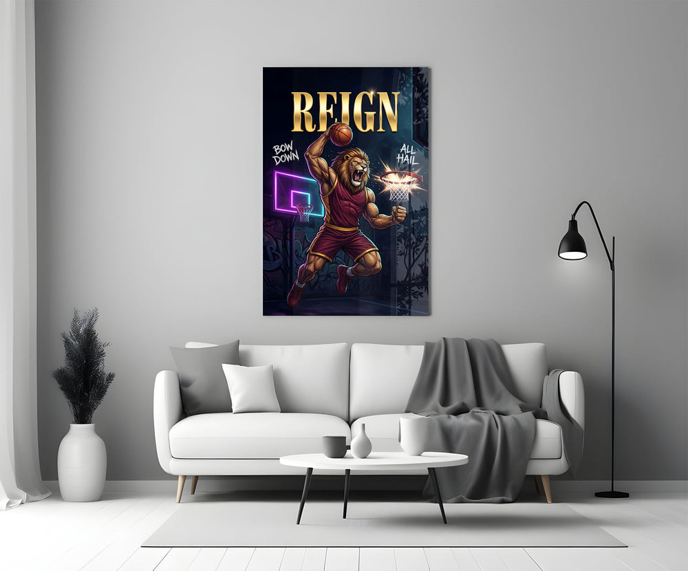 lion basketball player dunking panel bringing character to a minimalist living room wall