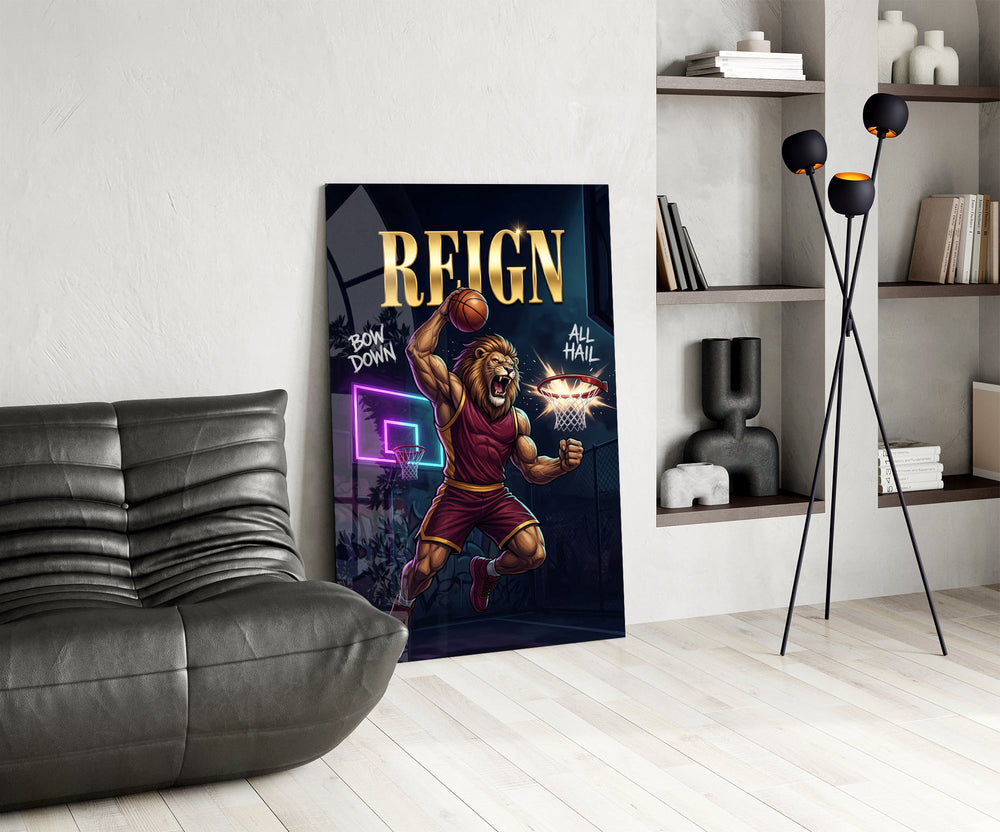 lion basketball player dunking glass wall art leaning beside a dark leather sofa
