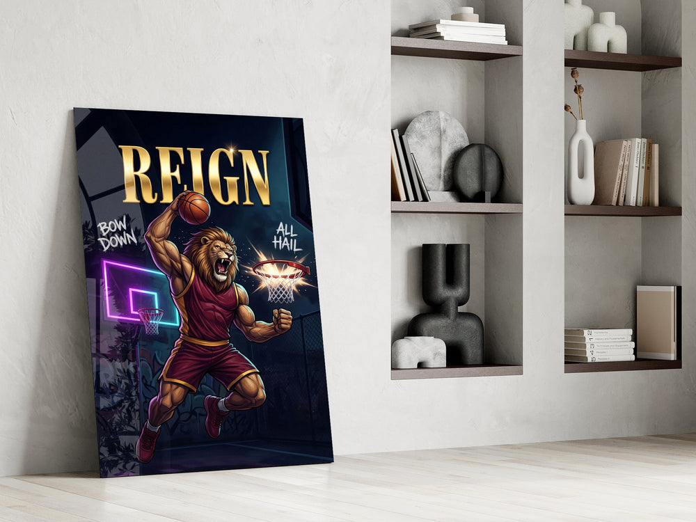 lion basketball player dunking panel resting in a shelving niche in a modern interior