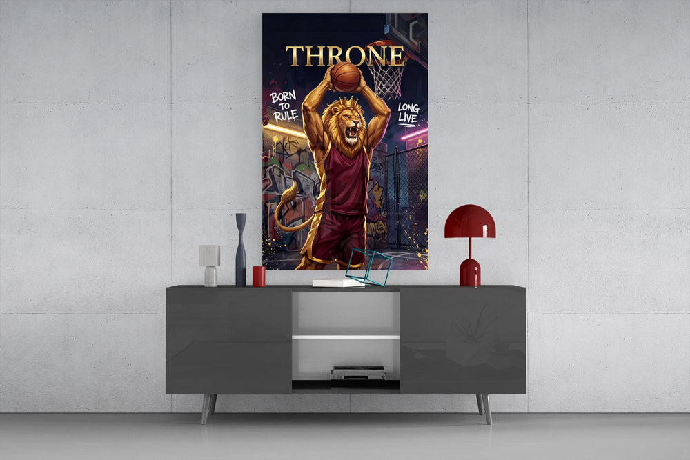 crowned lion basketball player shooting glass wall art displayed above a console in a designer interior