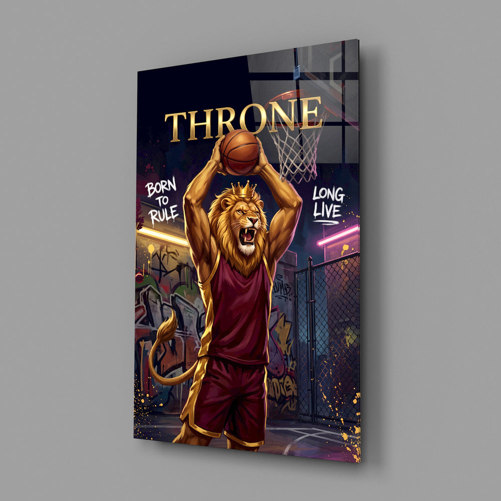 crowned lion basketball player shooting glass wall art angled to show the polished tempered glass panel