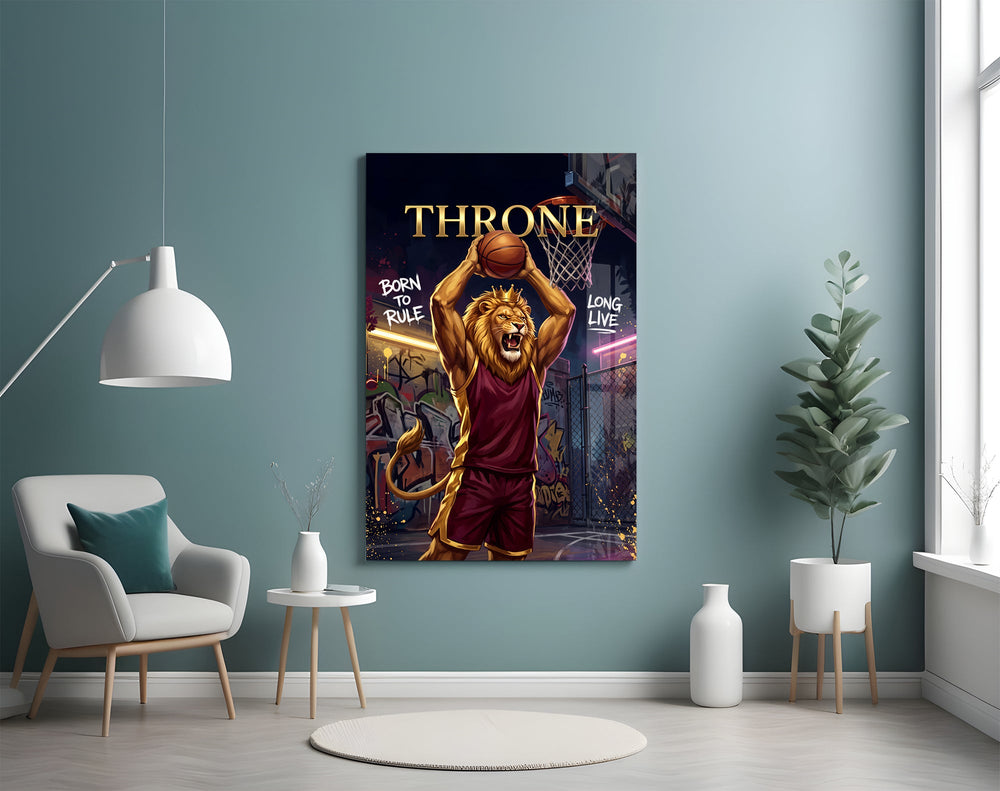 crowned lion basketball player shooting glass wall art styled above an armchair in a reading corner