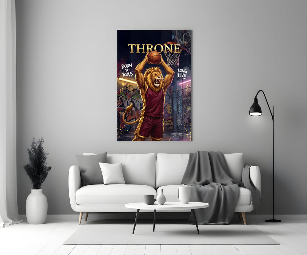 crowned lion basketball player shooting panel bringing character to a minimalist living room wall
