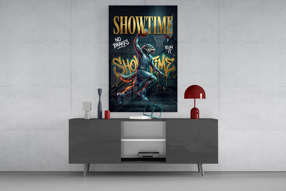 wolf basketball player dunking glass wall art displayed above a console in a designer interior