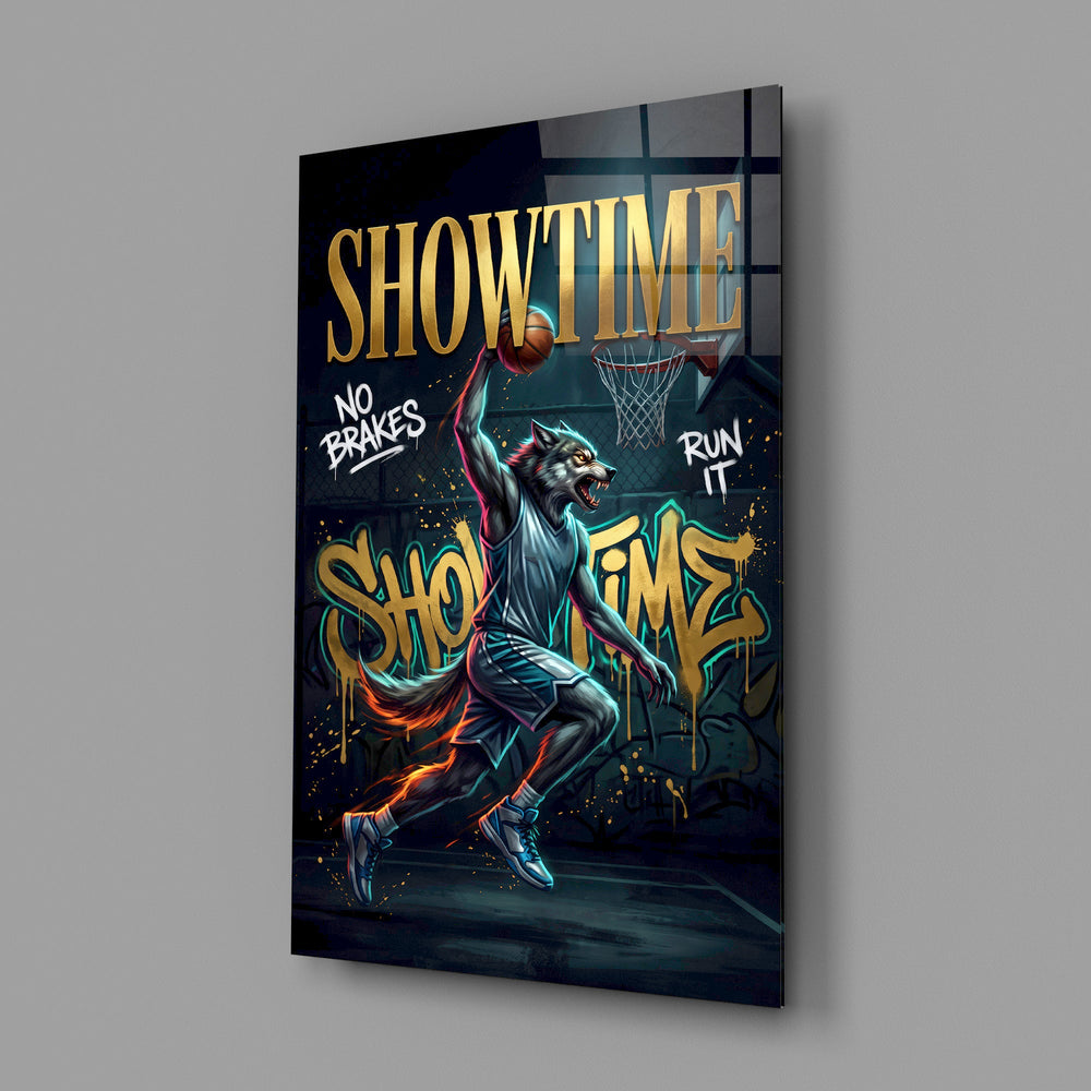 wolf basketball player dunking glass wall art angled to show the polished tempered glass panel