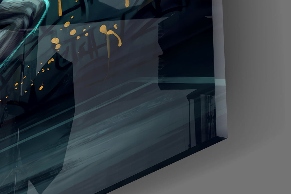 Close-up detail of the wolf's teeth bared as it rises one-handed toward the rim on the glass surface