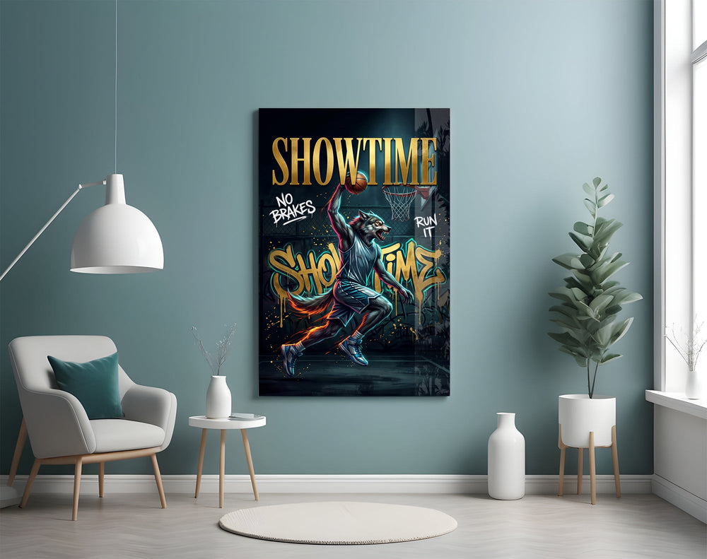 wolf basketball player dunking glass wall art styled above an armchair in a reading corner