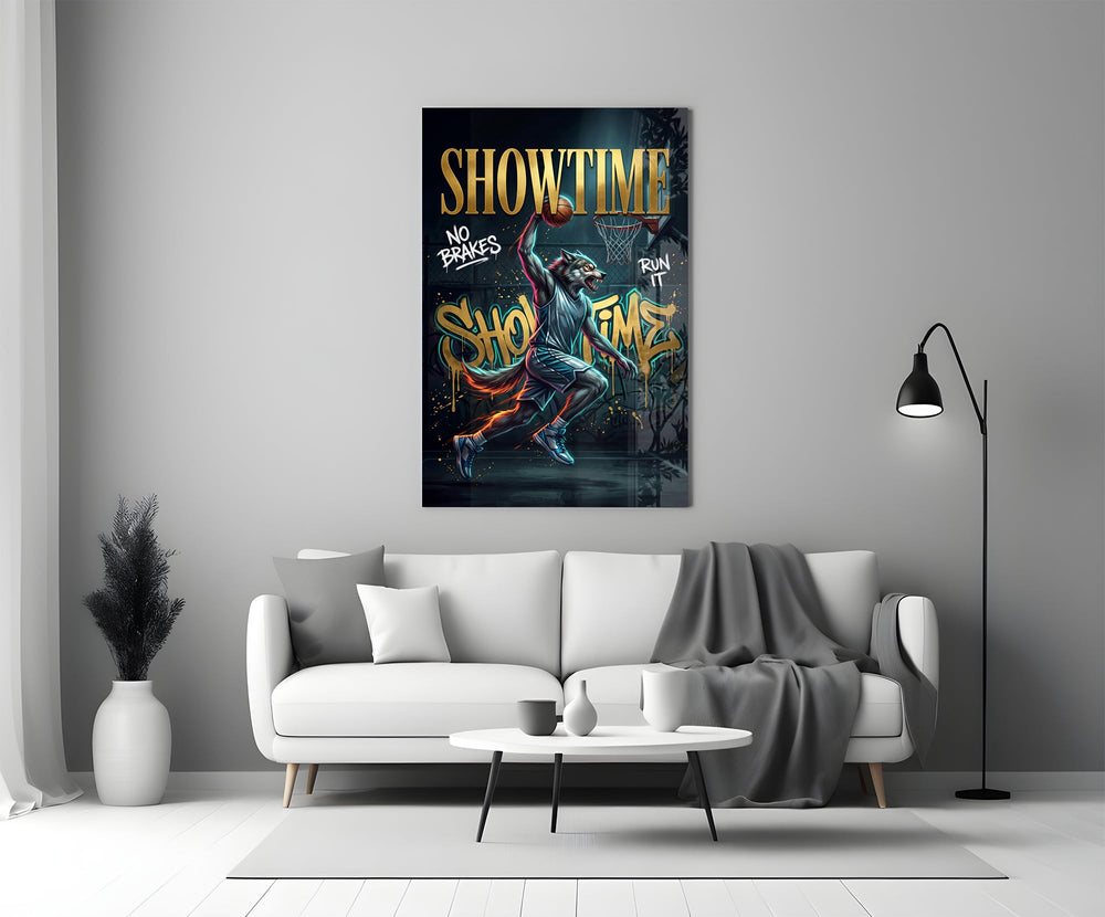 wolf basketball player dunking panel bringing character to a minimalist living room wall