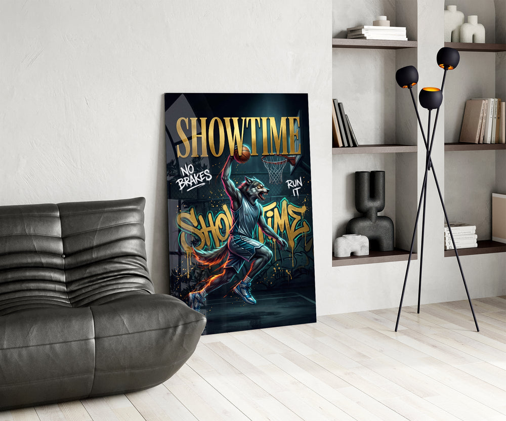 wolf basketball player dunking glass wall art leaning beside a dark leather sofa