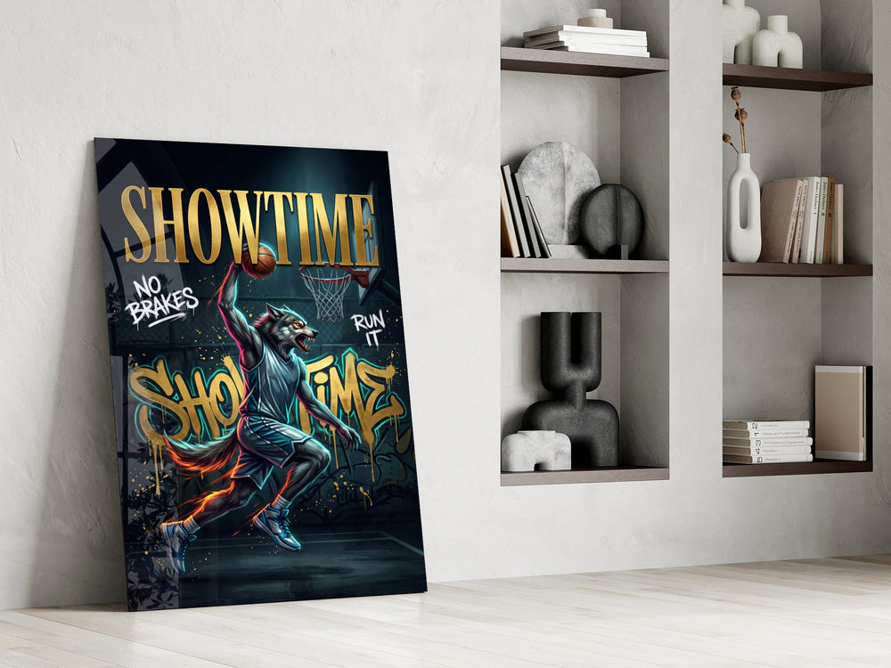 wolf basketball player dunking panel resting in a shelving niche in a modern interior