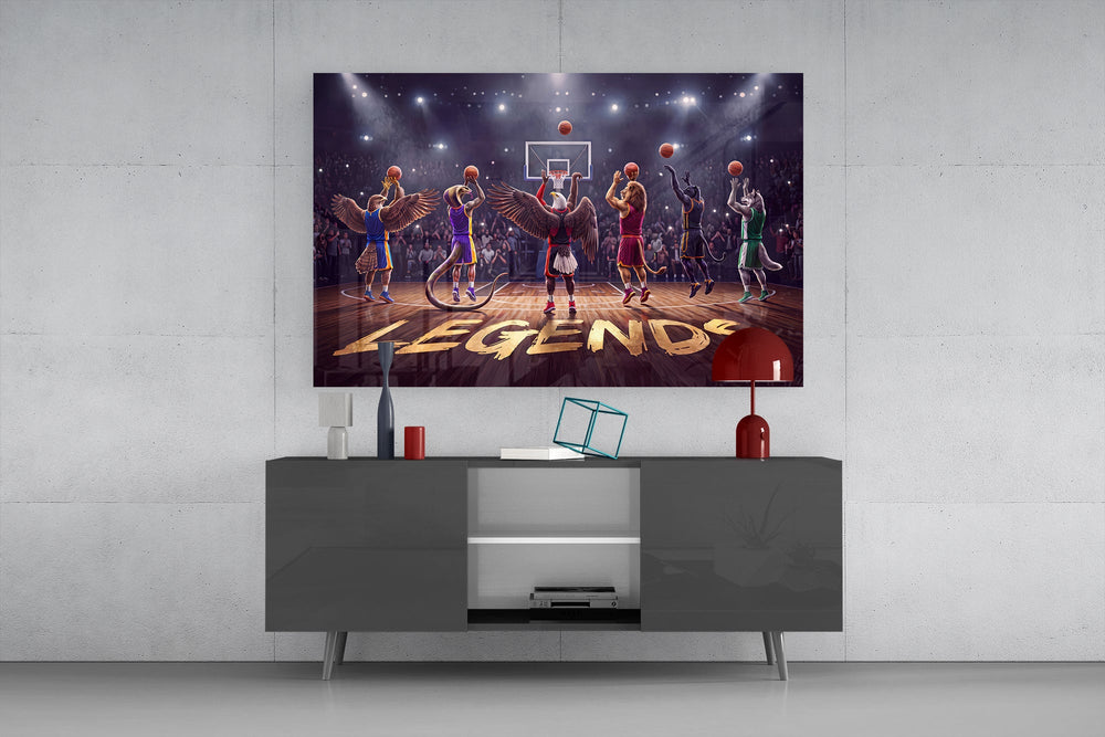 team of animal basketball players in an arena glass wall art displayed above a console in a designer interior