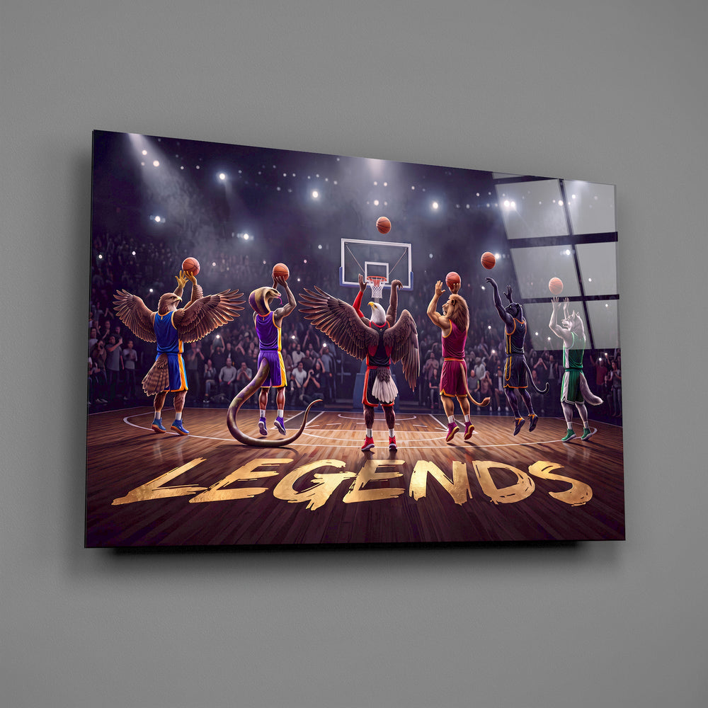team of animal basketball players in an arena glass wall art angled to show the polished tempered glass panel