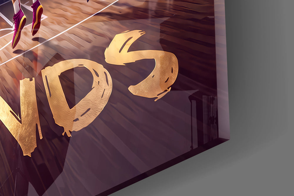 Close-up detail of the row of shooting and dunking beasts lit under stadium spotlights on the glass surface