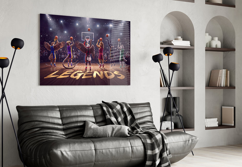 team of animal basketball players in an arena glass wall art styled above an armchair in a reading corner