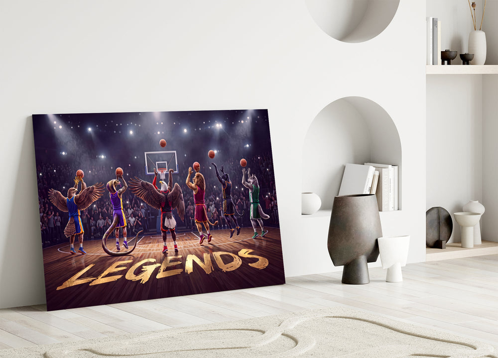 team of animal basketball players in an arena panel bringing character to a minimalist living room wall