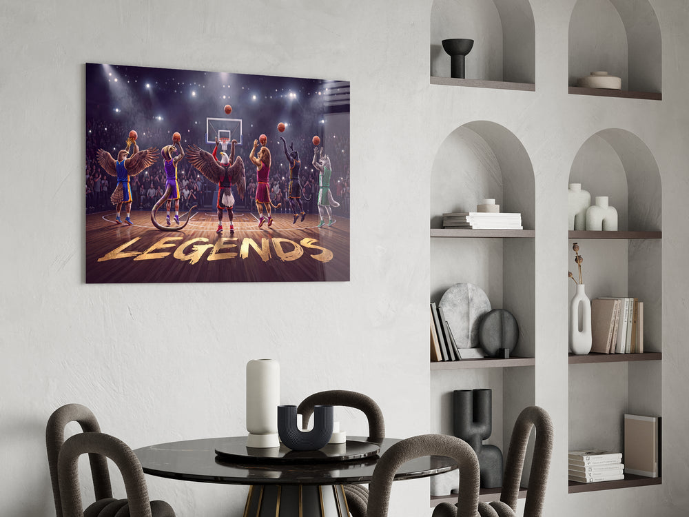 team of animal basketball players in an arena glass wall art leaning beside a dark leather sofa