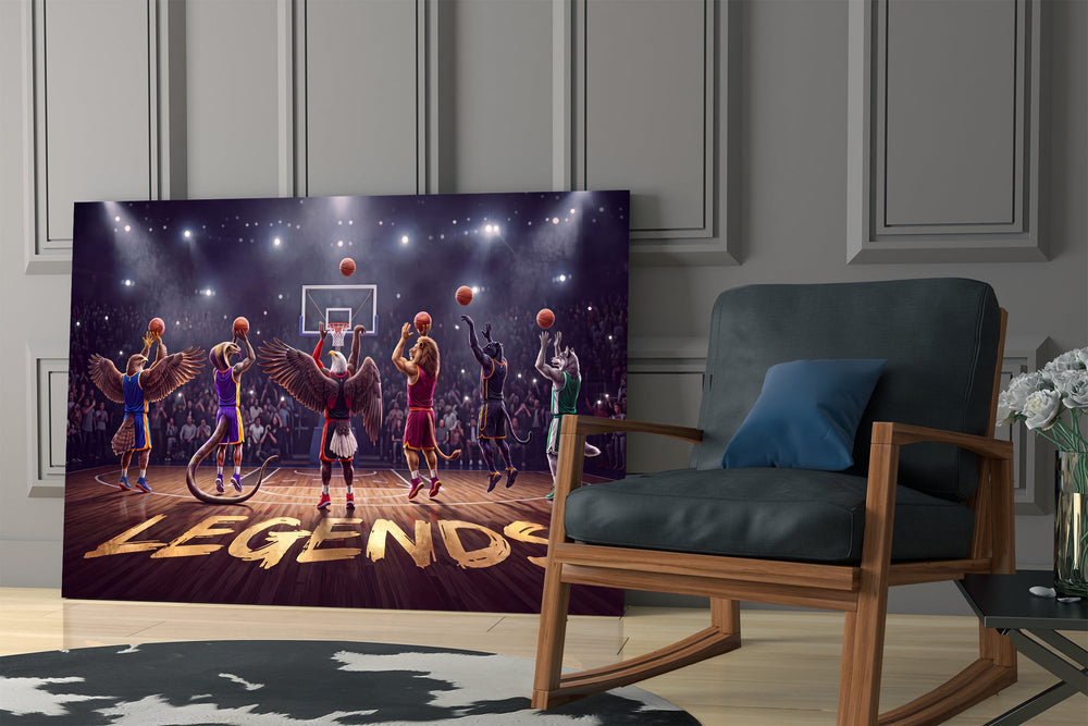 team of animal basketball players in an arena panel resting in a shelving niche in a modern interior