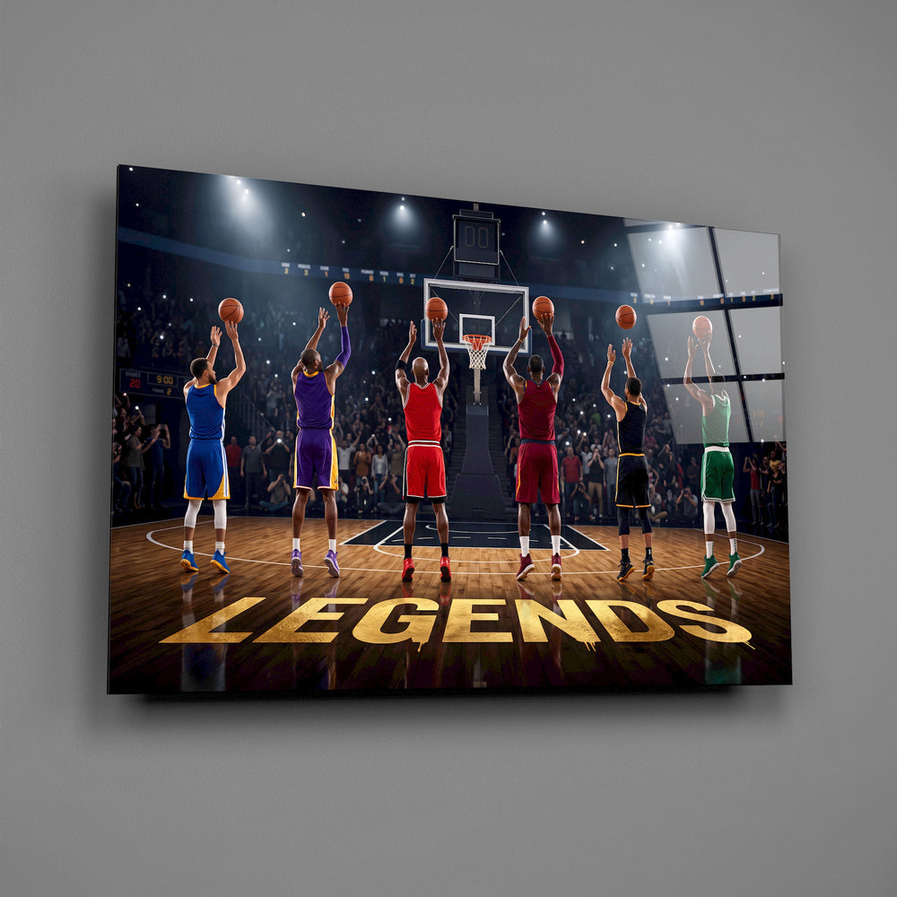 legends basketball free throw lineup glass wall art angled to show the polished tempered glass panel