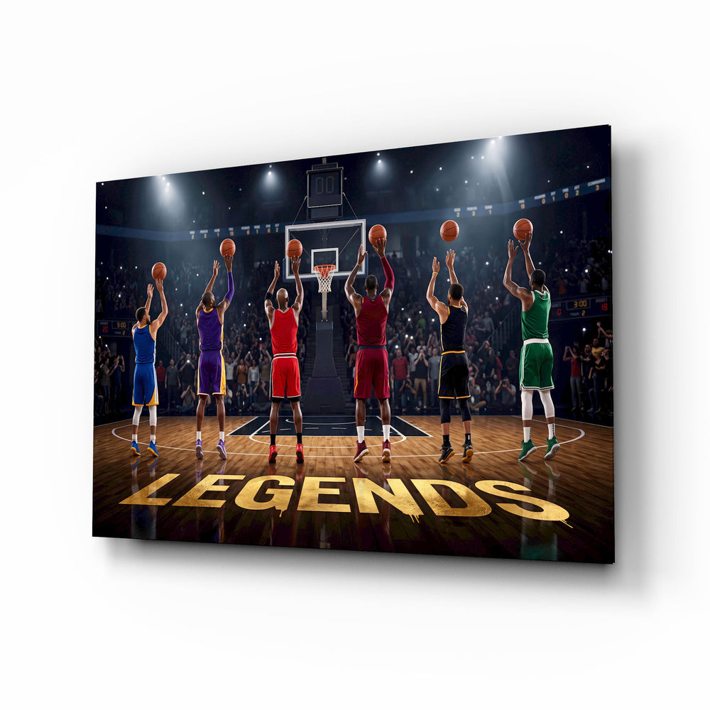 Legends Basketball Free Throw Lineup Glass Wall Art - Lifestyle preview in a designer interior