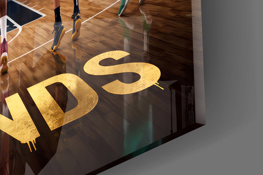 Close-up detail of the six players releasing their shots and the gold LEGENDS lettering on the court on the glass surface