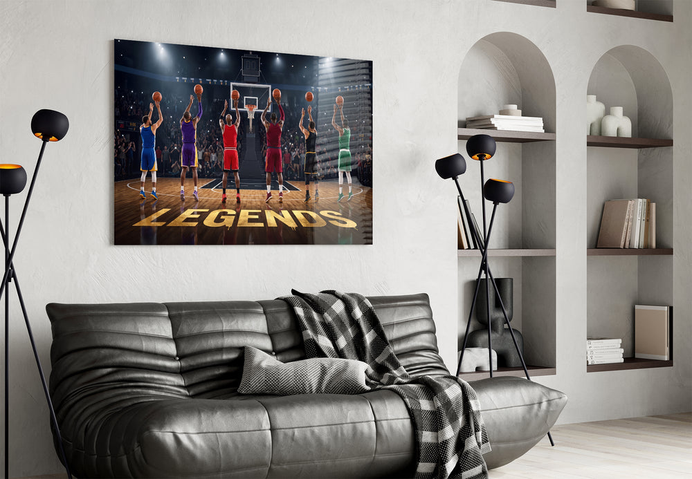 legends basketball free throw lineup glass wall art styled above an armchair in a reading corner