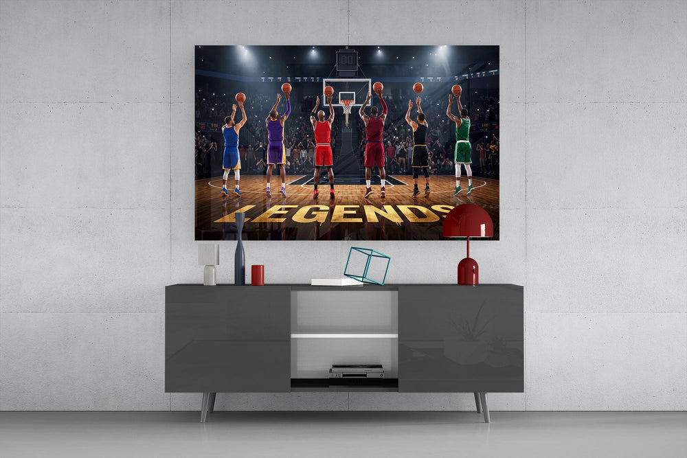 legends basketball free throw lineup glass wall art displayed above a console in a designer interior