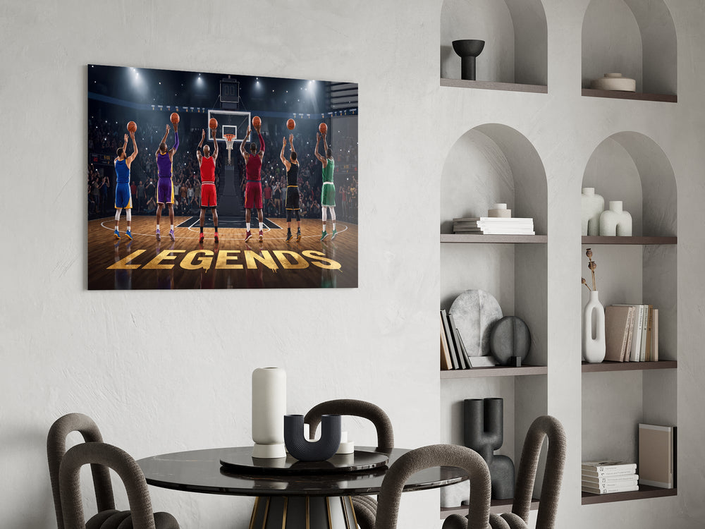 legends basketball free throw lineup glass wall art leaning beside a dark leather sofa