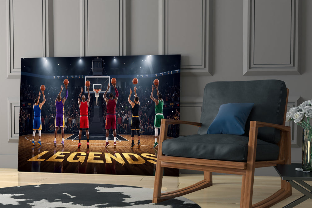 legends basketball free throw lineup panel resting in a shelving niche in a modern interior