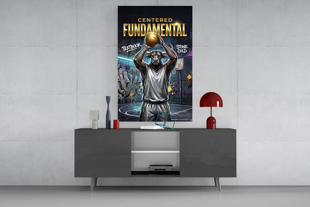 fundamental bull basketball shooter glass wall art displayed above a console in a designer interior