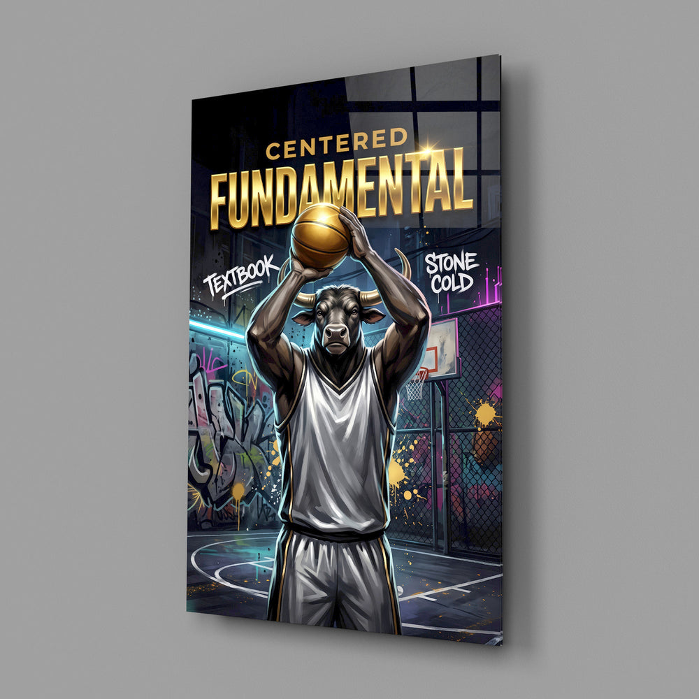 fundamental bull basketball shooter glass wall art angled to show the polished tempered glass panel