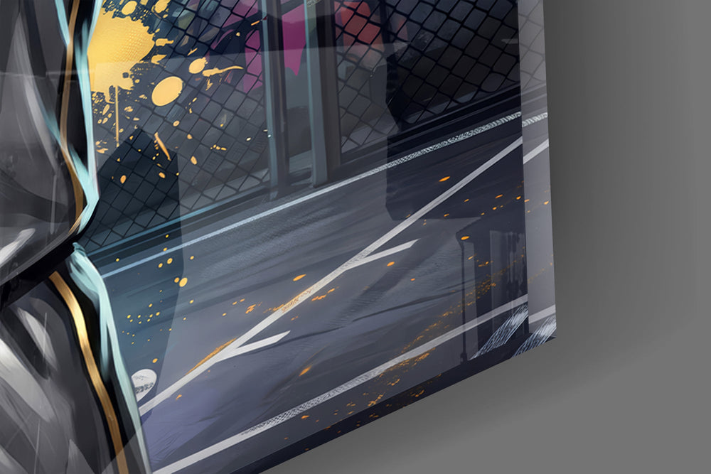 Close-up detail of the golden basketball raised overhead and the bull athlete's textbook shooting form on the glass surface