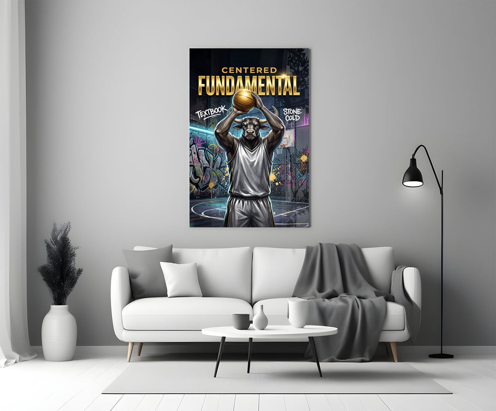 fundamental bull basketball shooter panel bringing character to a minimalist living room wall