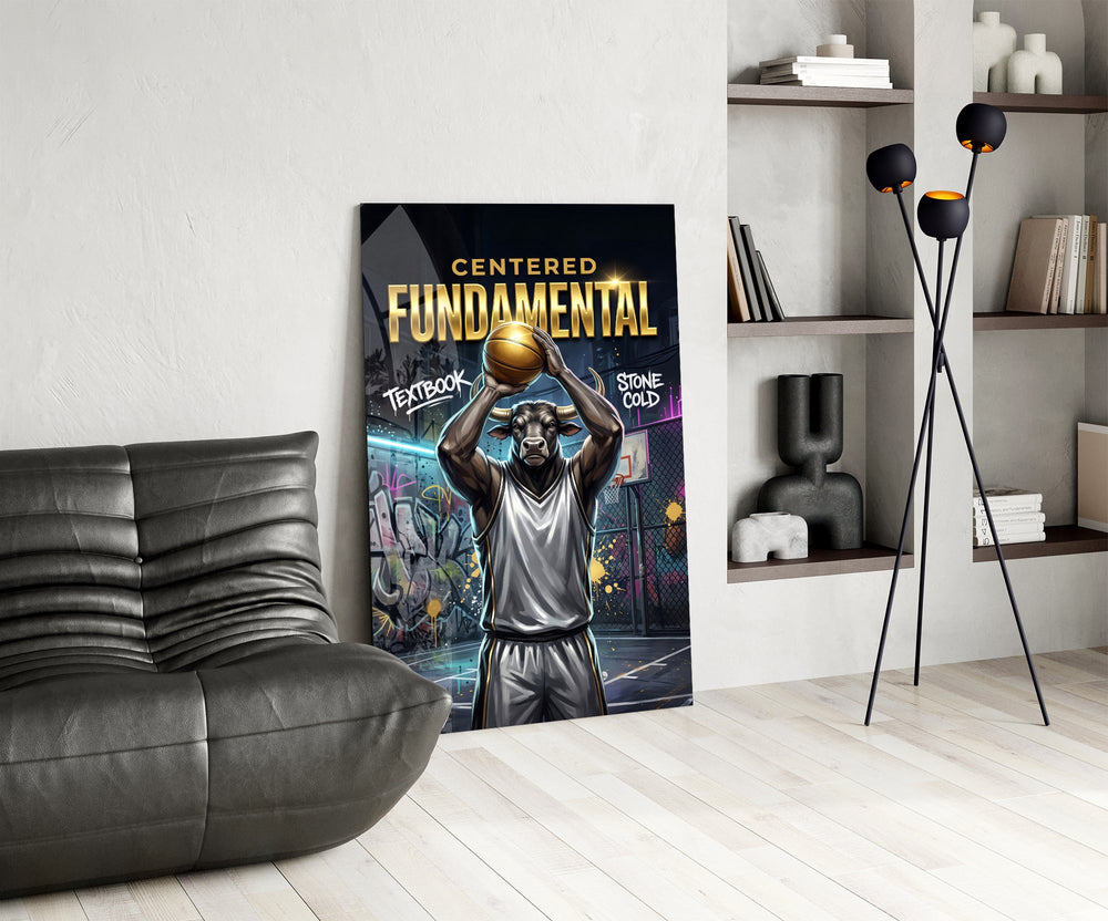 fundamental bull basketball shooter glass wall art leaning beside a dark leather sofa
