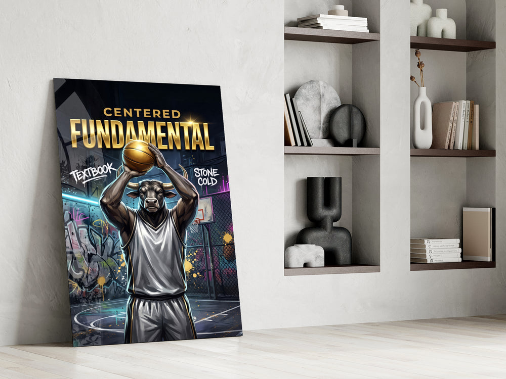 fundamental bull basketball shooter panel resting in a shelving niche in a modern interior