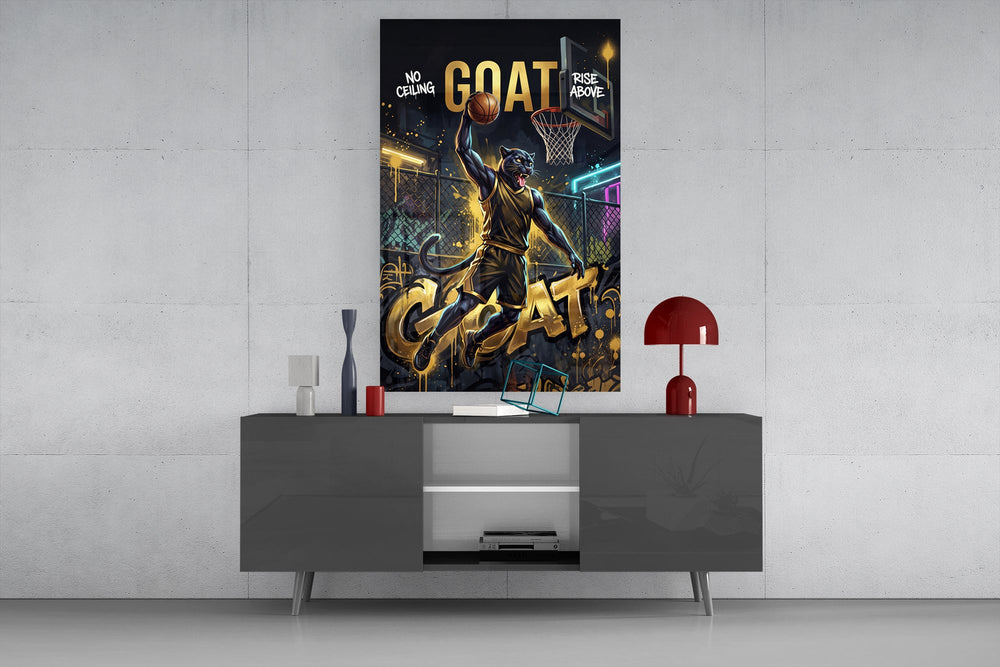 goat panther basketball dunk glass wall art displayed above a console in a designer interior