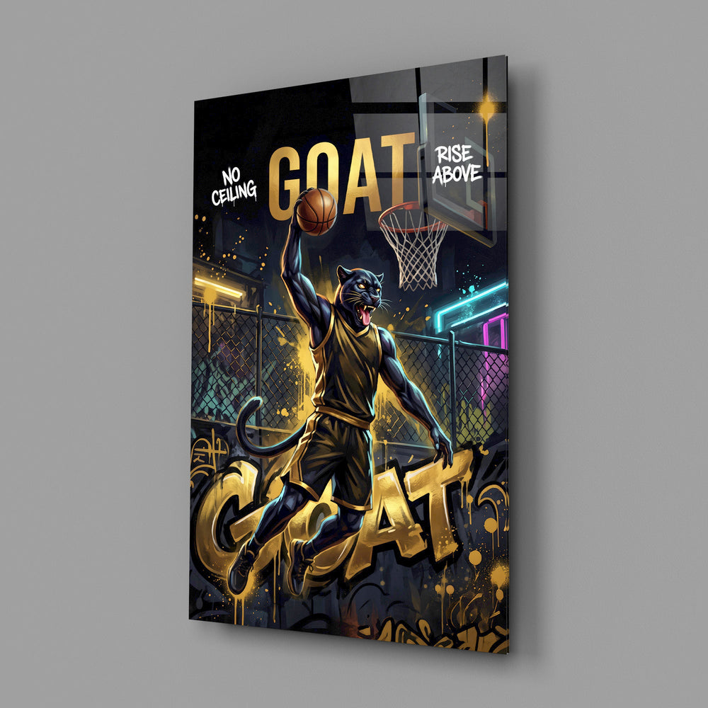 goat panther basketball dunk glass wall art angled to show the polished tempered glass panel