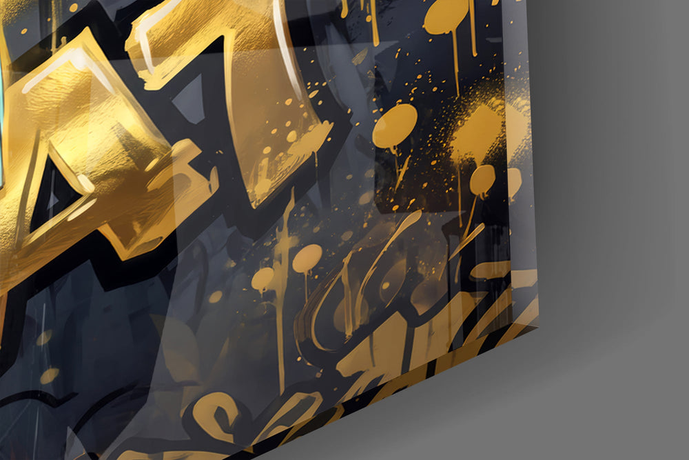 Close-up detail of the panther athlete's mid-air dunk and the gold GOAT graffiti lettering on the glass surface